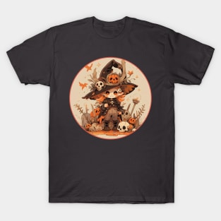 Enchanted Gathering: Adorable Witch and  Skulls in a Warm Palette T-Shirt